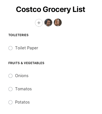 Any.do shared grocery list showing a Costco shopping list shared between two people with toiletries and produce categories