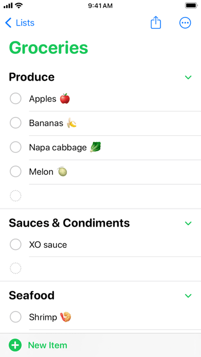 Apple Reminders app showing a shared groceries list auto-organised into Produce, Sauces and Condiments, and Seafood sections on iPhone