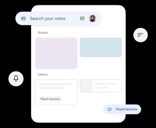 Google Keep notes app showing the grid view with pinned and recent notes