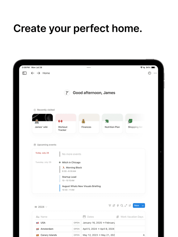 Notion home page showing personal databases including Finances, Shopping list and Nutrition Plan pages