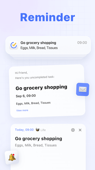 TickTick app showing a grocery shopping reminder with eggs, milk, bread and tissues as items