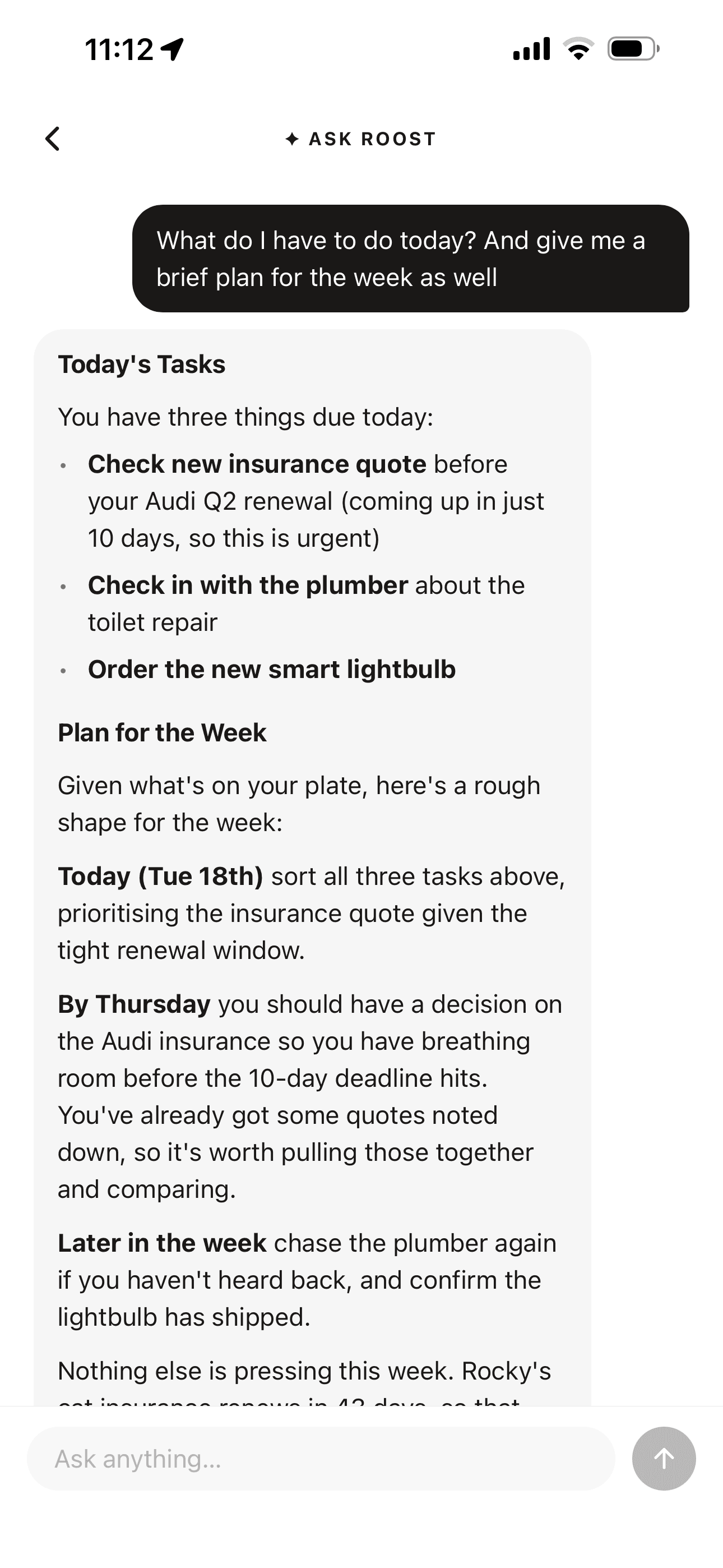 Ask Roost answering with a plan drawn from real tasks and upcoming renewals