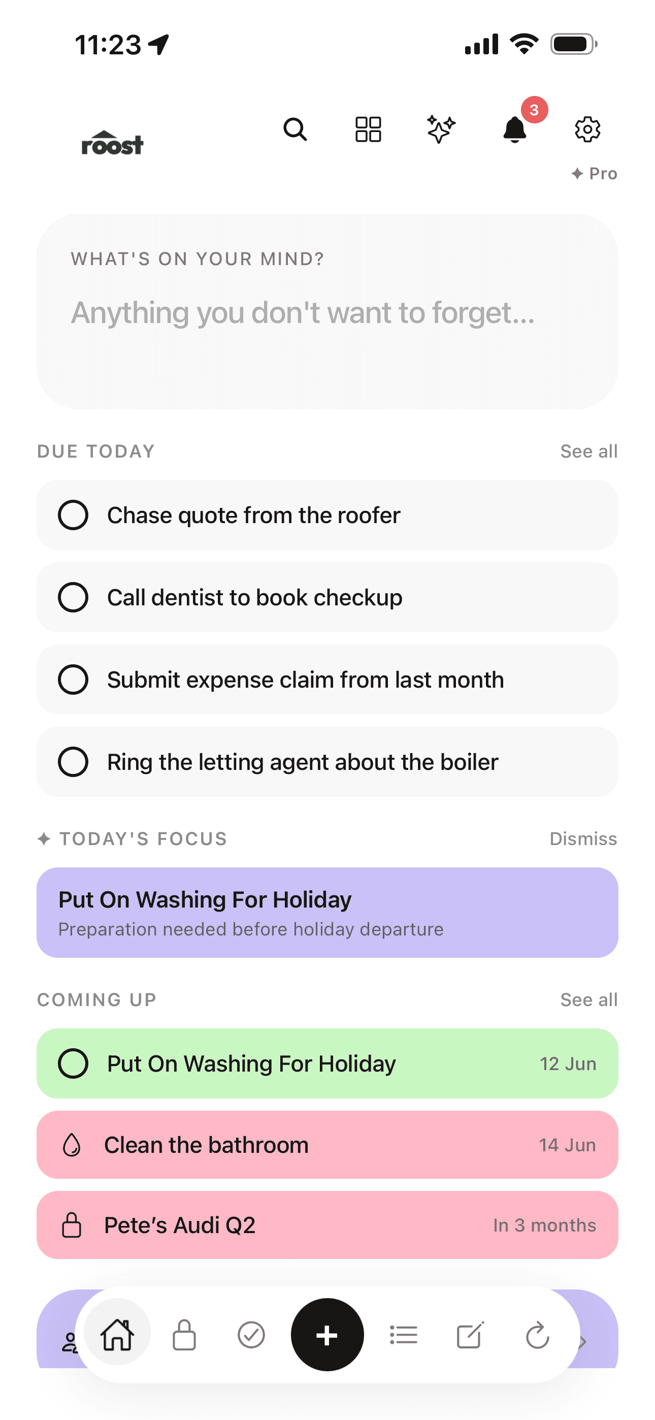 Roost home screen for a shared household showing tasks and items either partner can act on