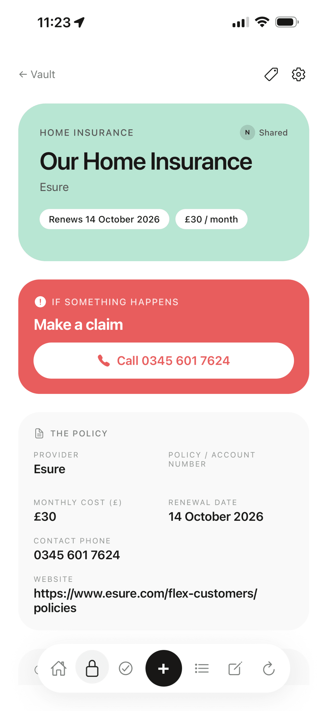 Roost apple notes alternative showing home insurance vault item with one-tap emergency call and Make a claim button