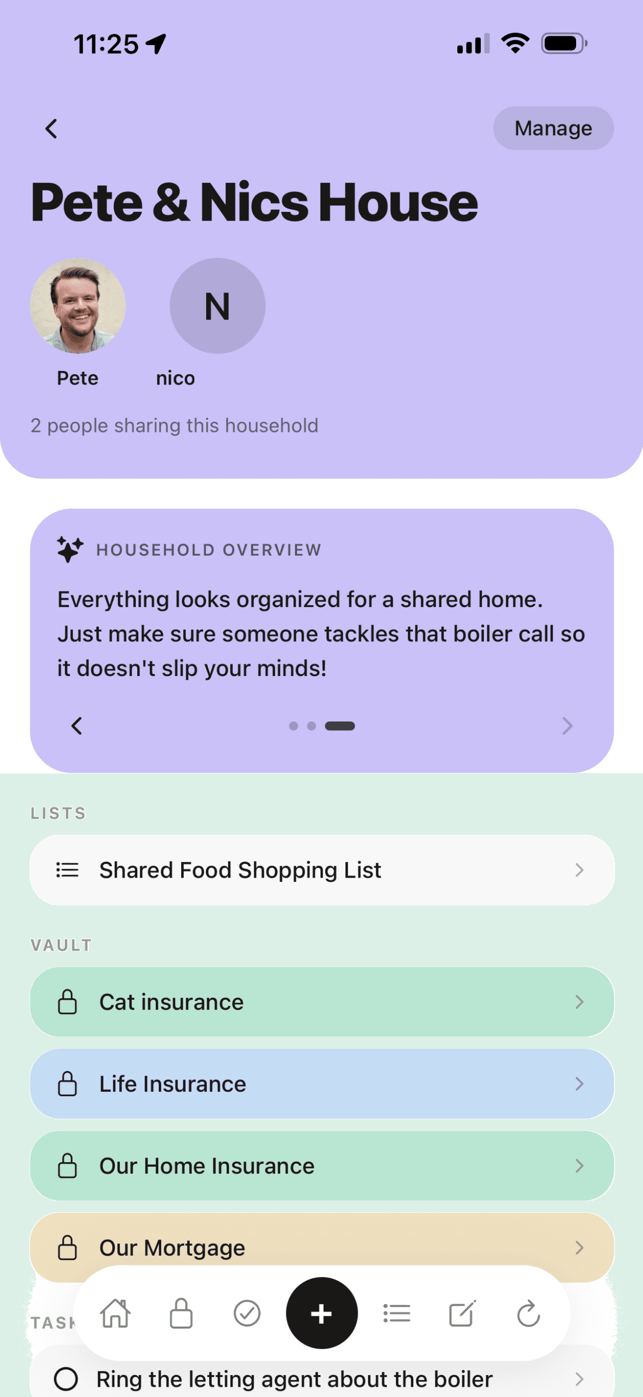 Roost mobile app showing a shared household, giving both members identical access to the vault and lists