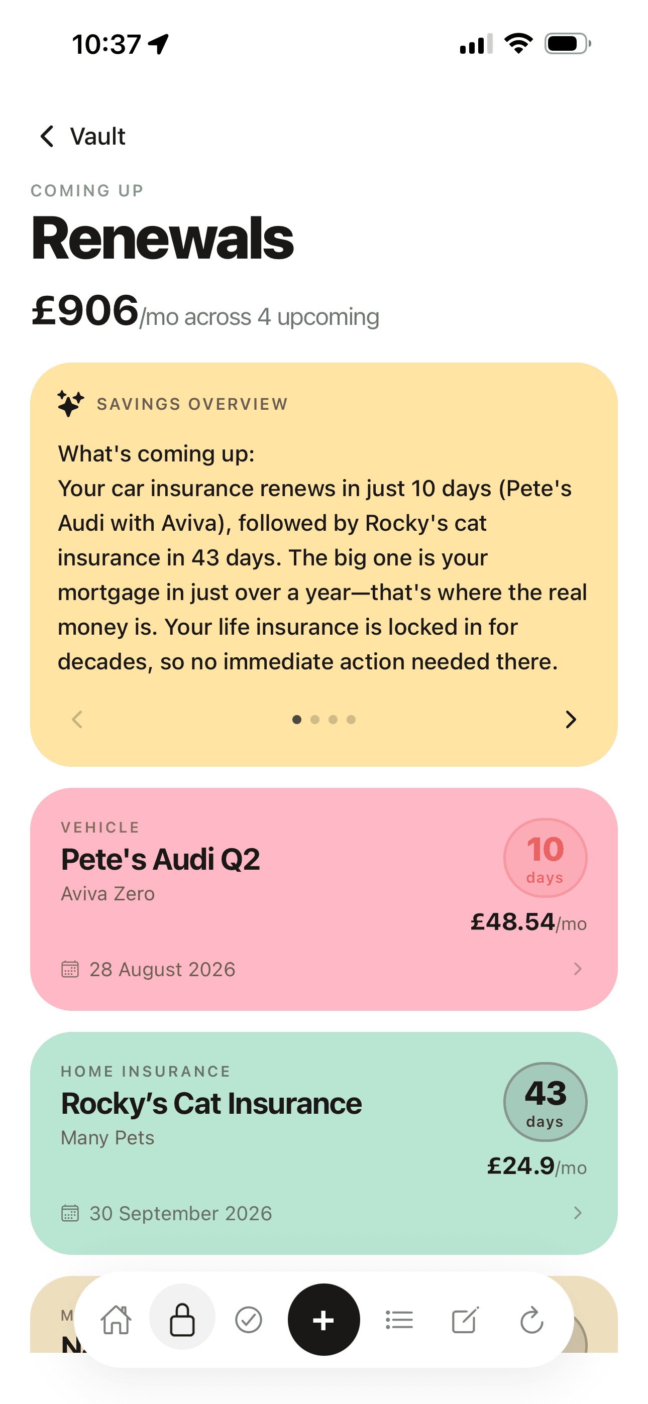 Roost Renewals screen showing a running monthly total and countdown badges on each upcoming renewal