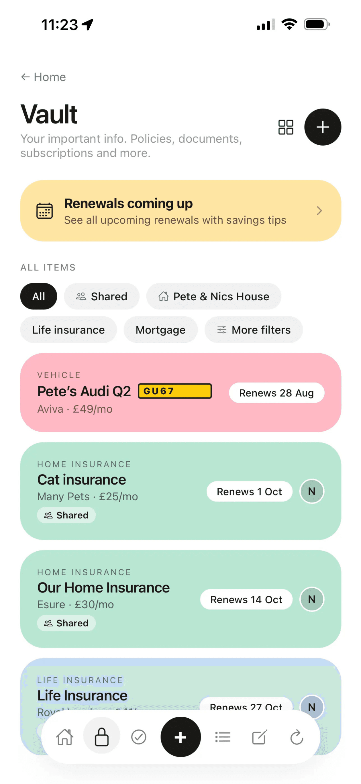 Roost household app vault listing upcoming renewals on iOS