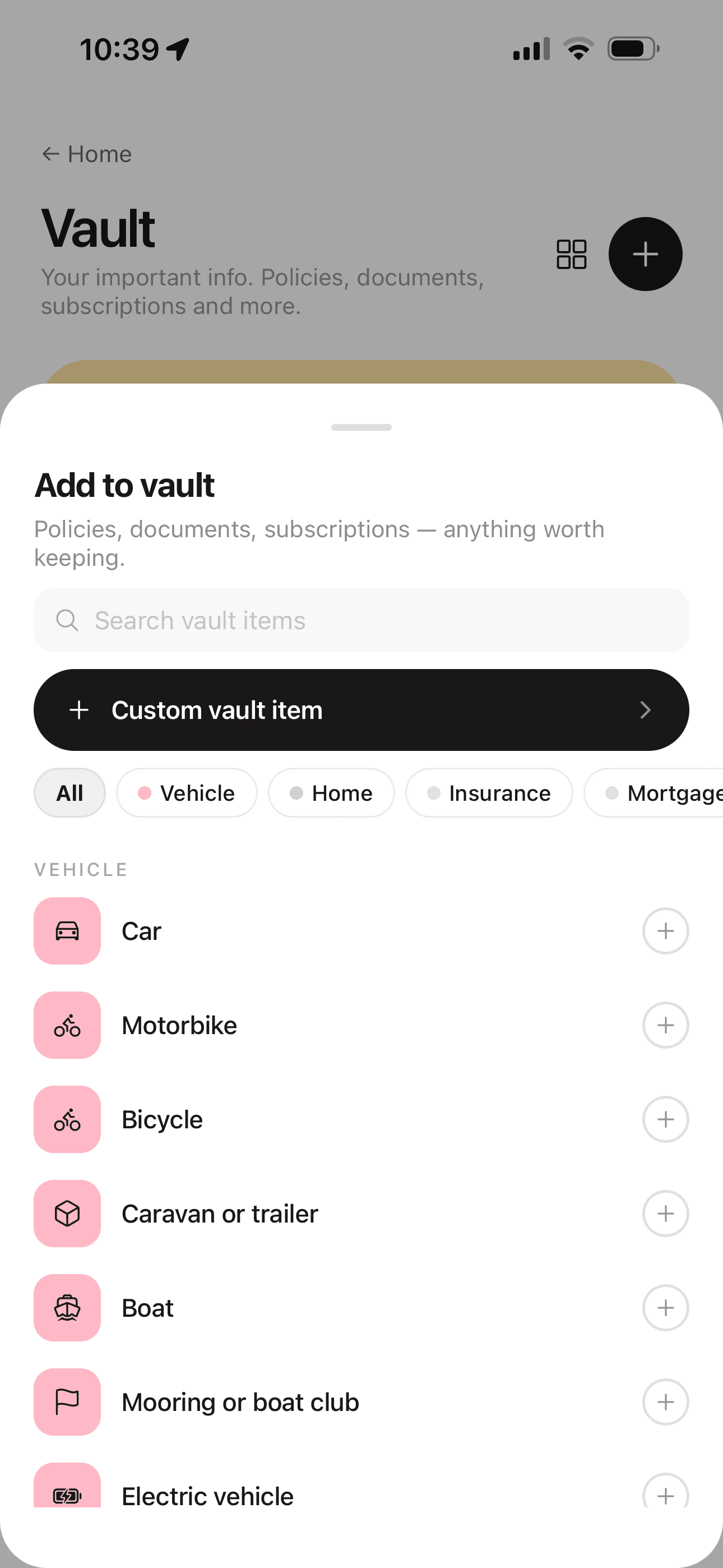The Roost vault template picker, showing categories and the vehicle templates inside