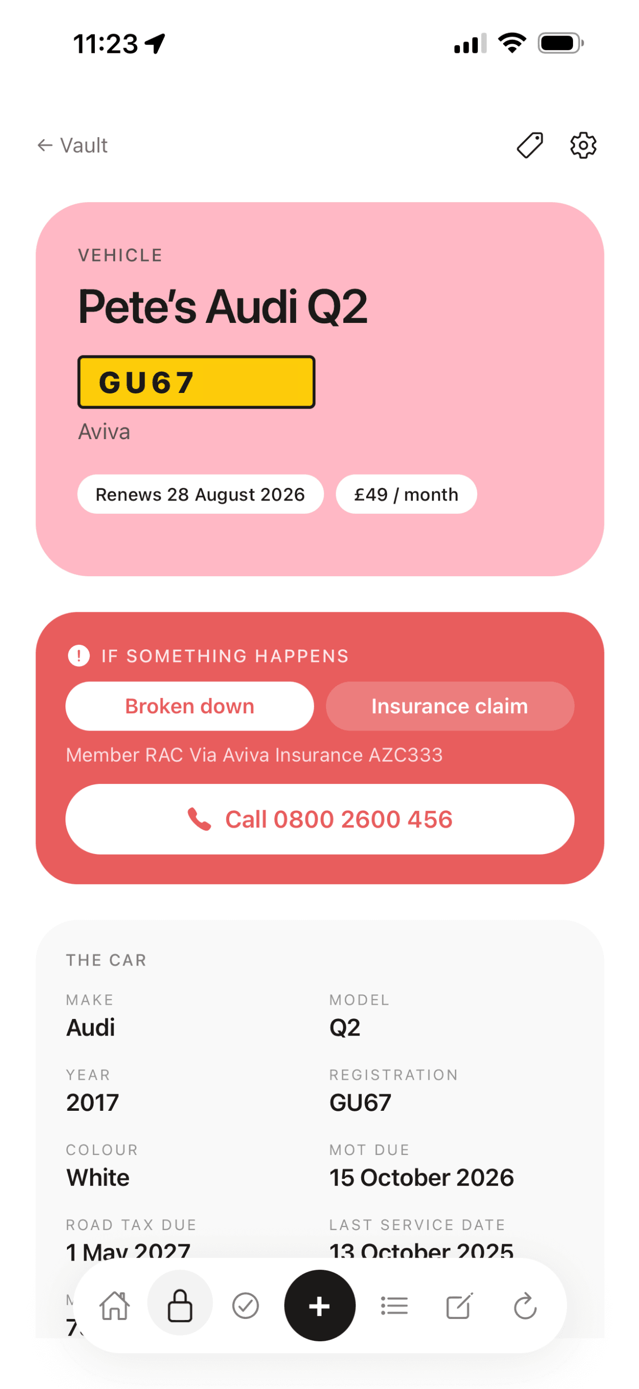 Roost vehicle vault item showing Broken down and Insurance claim emergency tabs for Pete's Audi Q2