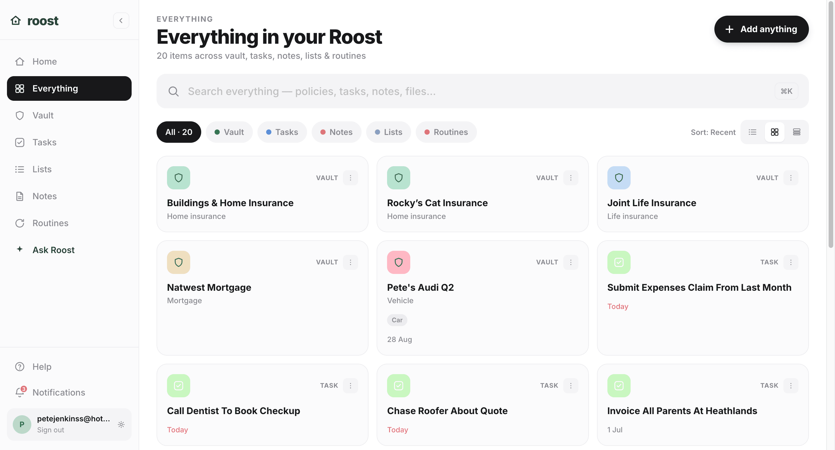 Roost web app showing all household sections including Vault, Lists, Routines, and Renewals organised in one shared system