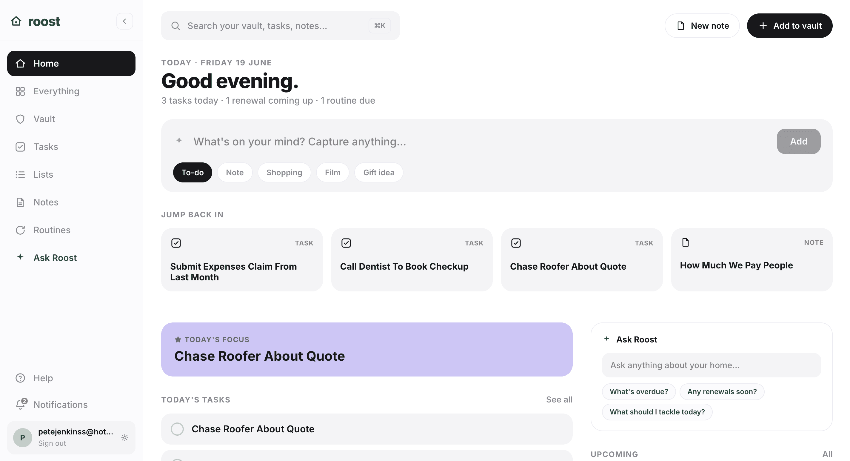 Roost home dashboard showing Vault, Lists, Routines and Renewals all in one shared view, helping both partners share the mental load