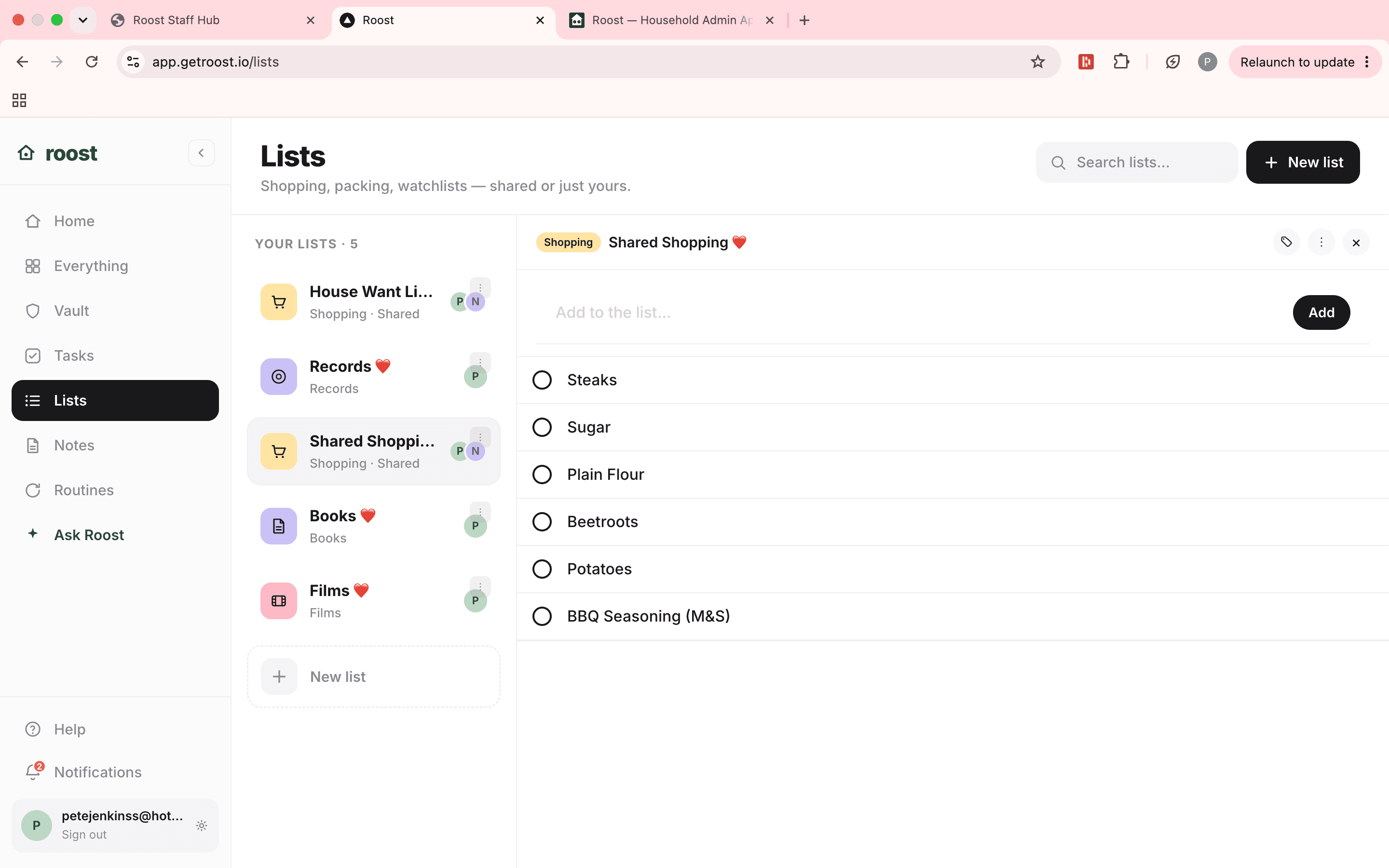 Roost shared shopping list on web