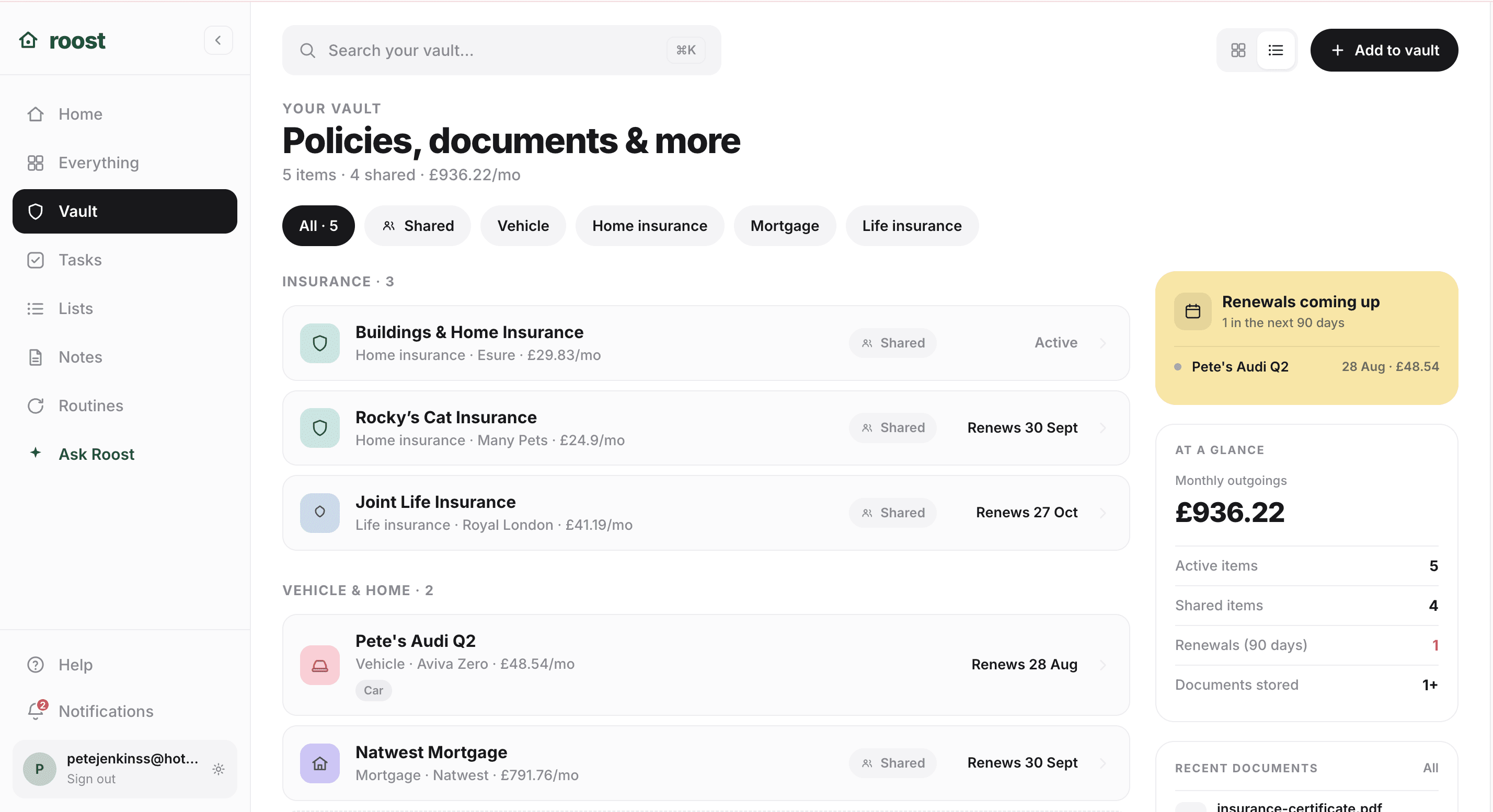 Roost household app vault showing insurance and renewal details on web